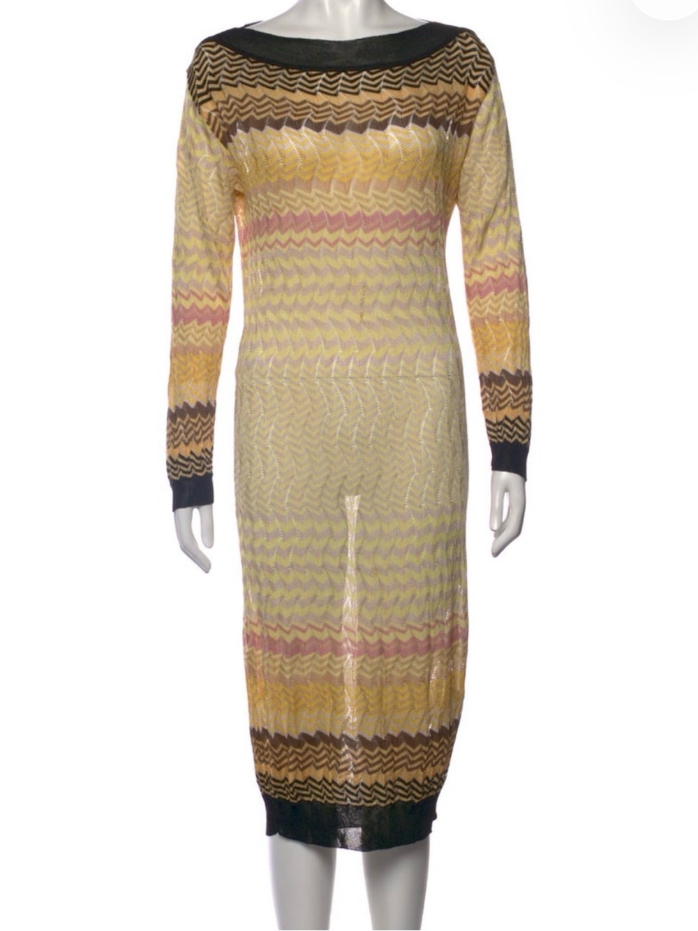 Missoni Sheer Chevron Knit Midi Dress in Yellow, Brown and Pink